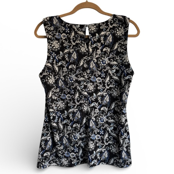 White House Black Market Floral Sleeveless Blouse Work Summer Top Black Blue L - Picture 3 of 5